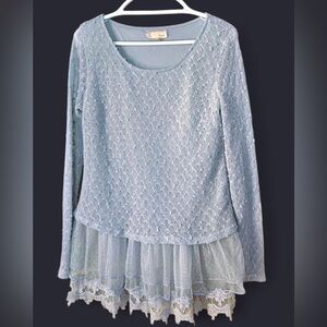 A’Reve Anthropologie Powder Blue Lace Tunic Mini Dress Sweater Size M